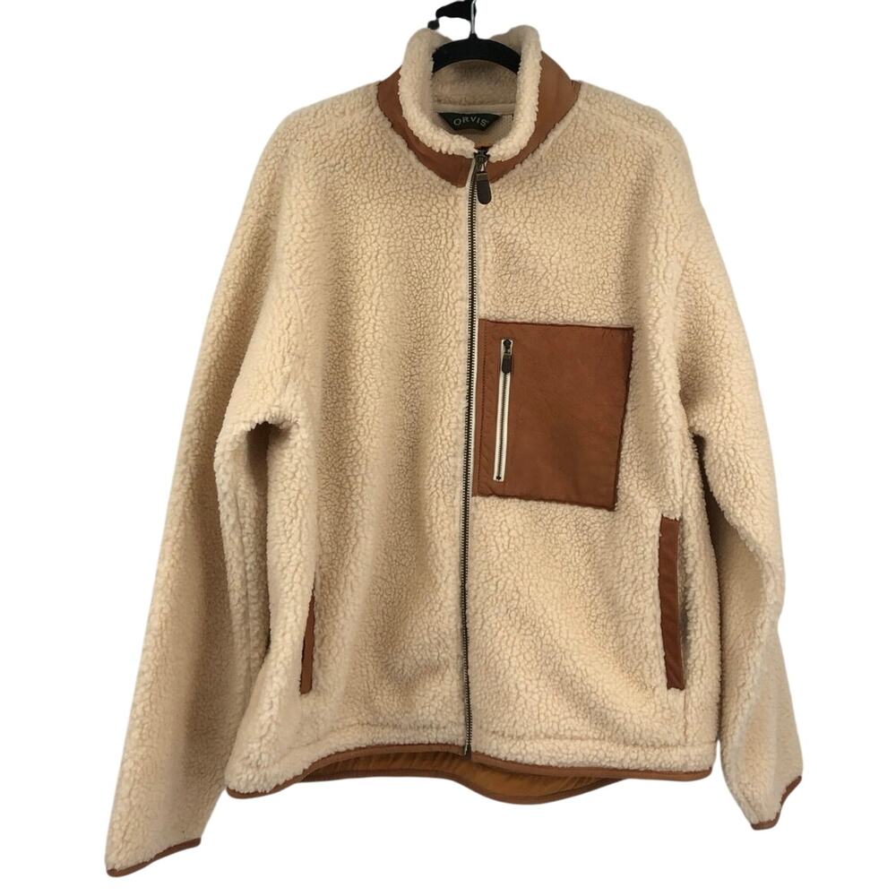 Orvis Stowe Sherpa Fleece Leather Jacket Cream Brown Deep Pile Men XL Gorpcore